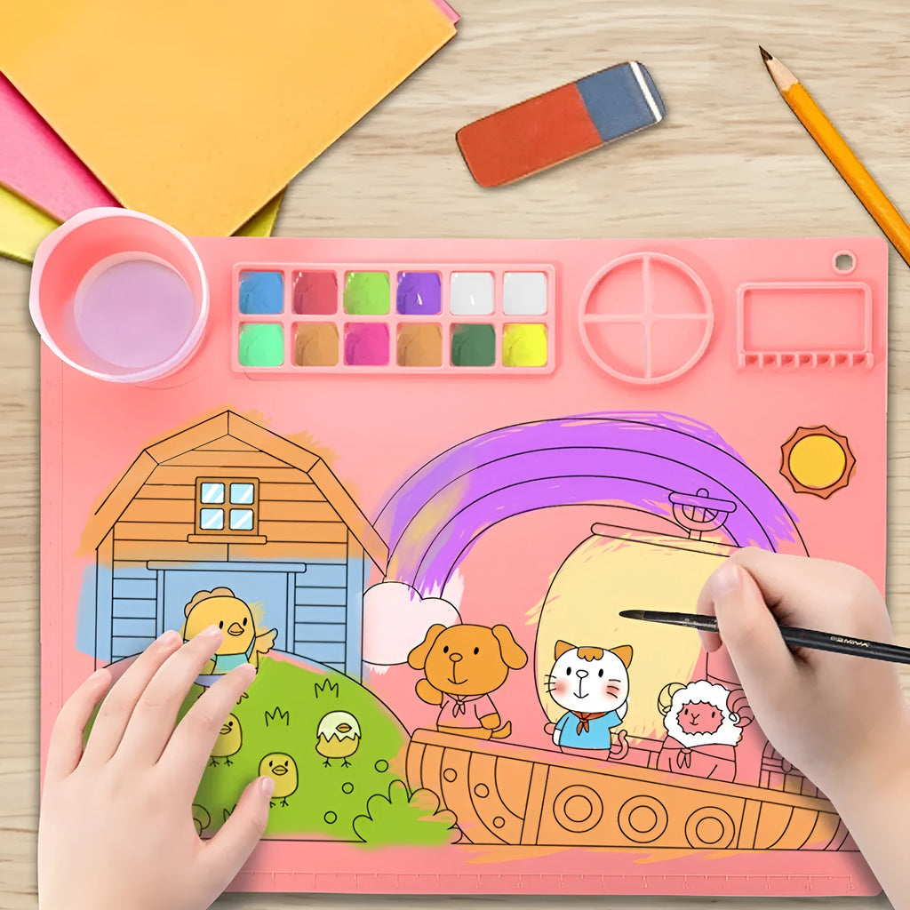 Green silicone painting mat measuring 50 by 40 centimetres with two round bowl wells for holding water or paint.
