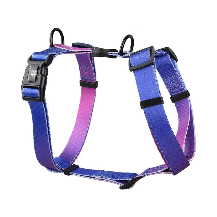 Gradient colour dog harness with chest straps in purple, blue, neon, or green patterns
