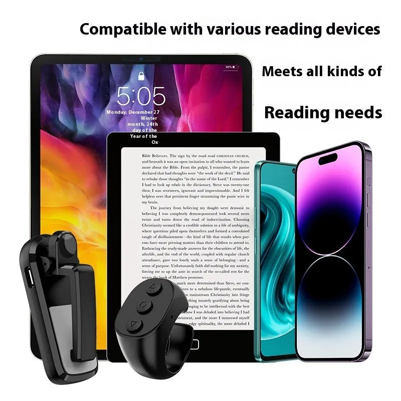Smart wireless page turner remote with clicker accessory in black, white, or pink colours.