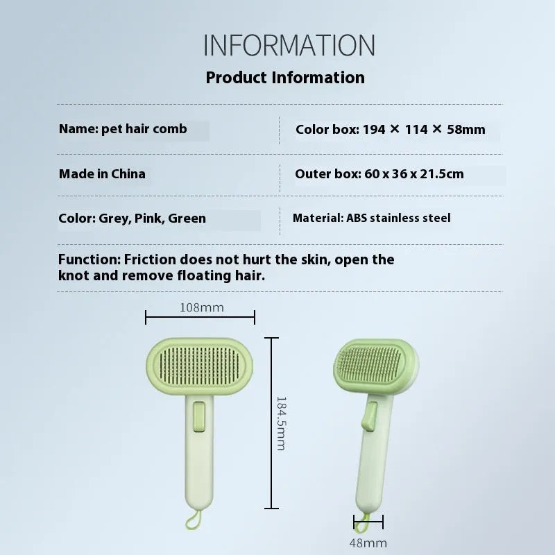 Large pet hair removal comb in light grey with stainless steel teeth and one-click knot remover.
