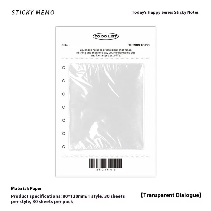 Today's Happy Series non-adhesive sticky notes pad with 30 pages of writing paper in transparent white, hot milk, toast, and bag of worries designs, size 120x80mm.