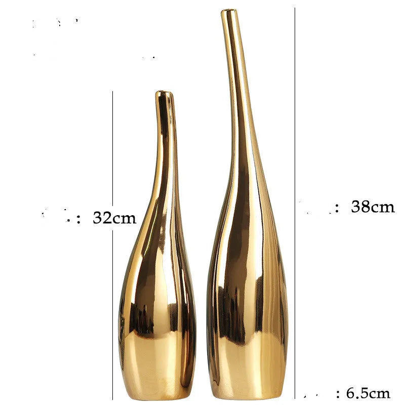 Pair of Nordic gold plating ceramic vases in modern curved bottle shape for home decor