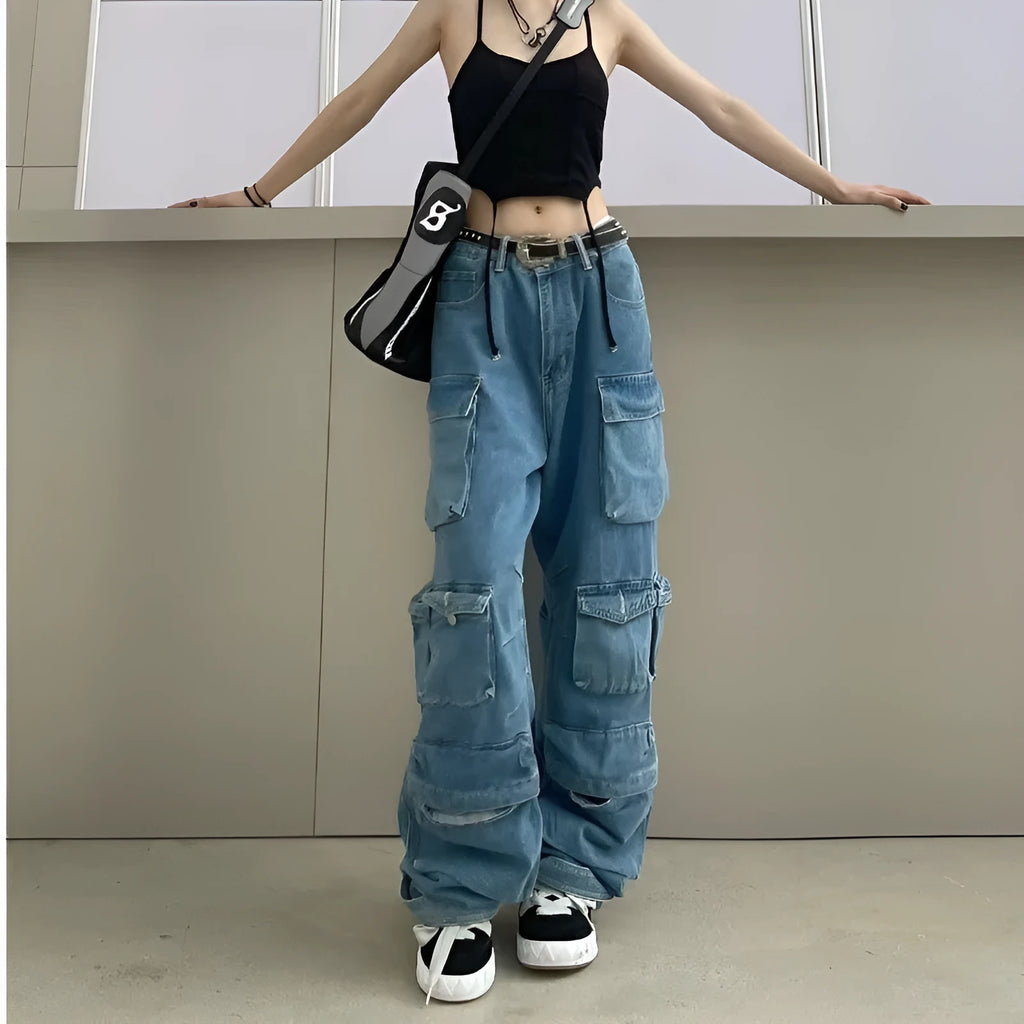 Women's high waist wide leg jeans in street hipster style with multiple pockets