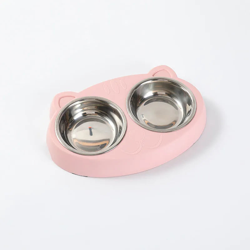 Blue macaron-styled double bowl plastic feeder tray for cats and dogs on a wooden floor.