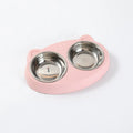 Blue macaron-styled double bowl plastic feeder tray for cats and dogs on a wooden floor.