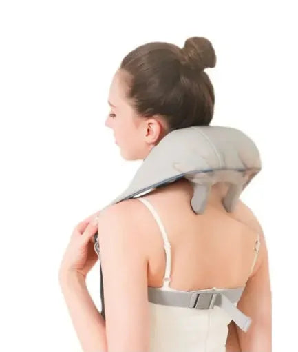 Milky white rechargeable shoulder and neck kneading massager with infrared physiotherapy.