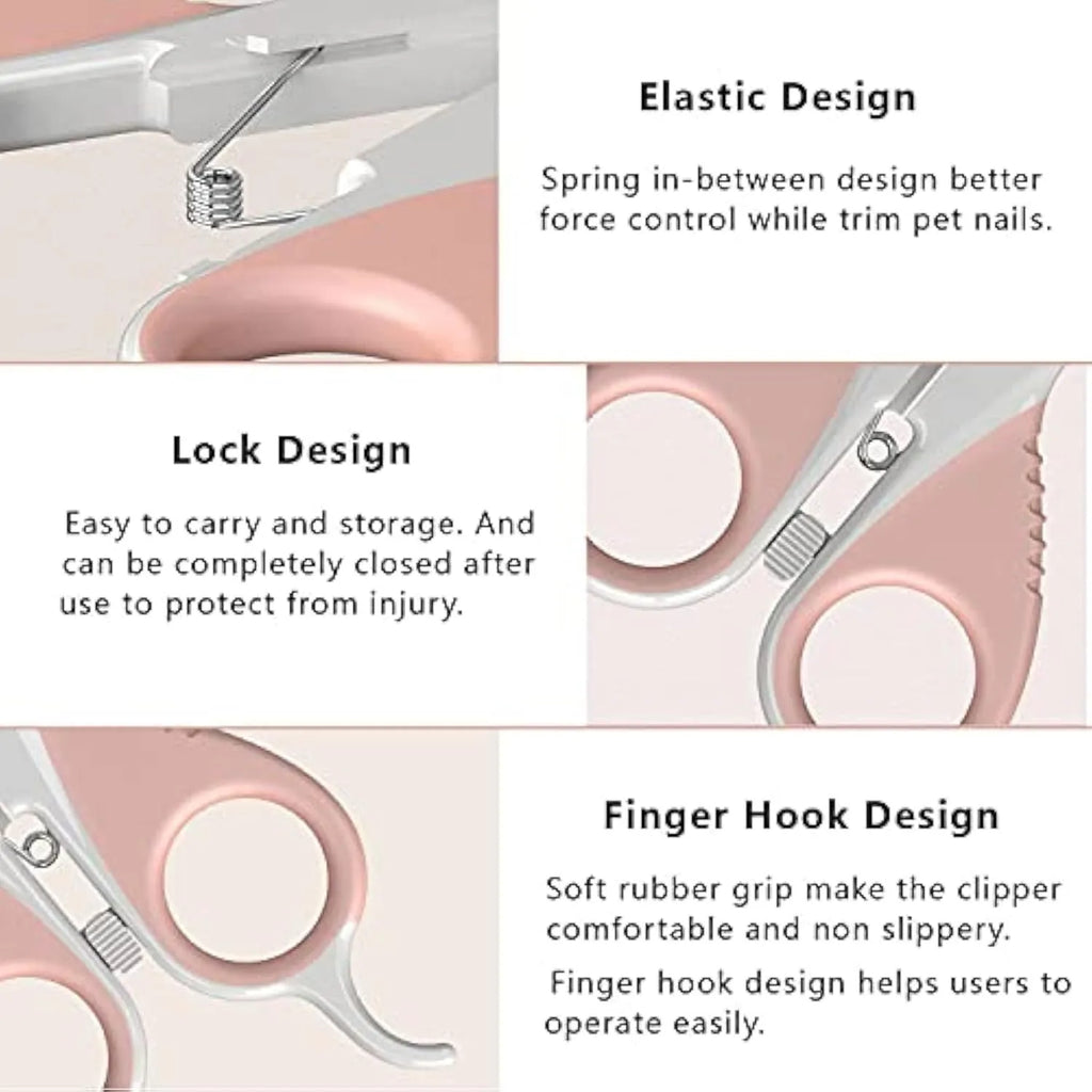 Grey and pink cat nail clippers with angled stainless steel blade and safety guard on a non-slip handle.