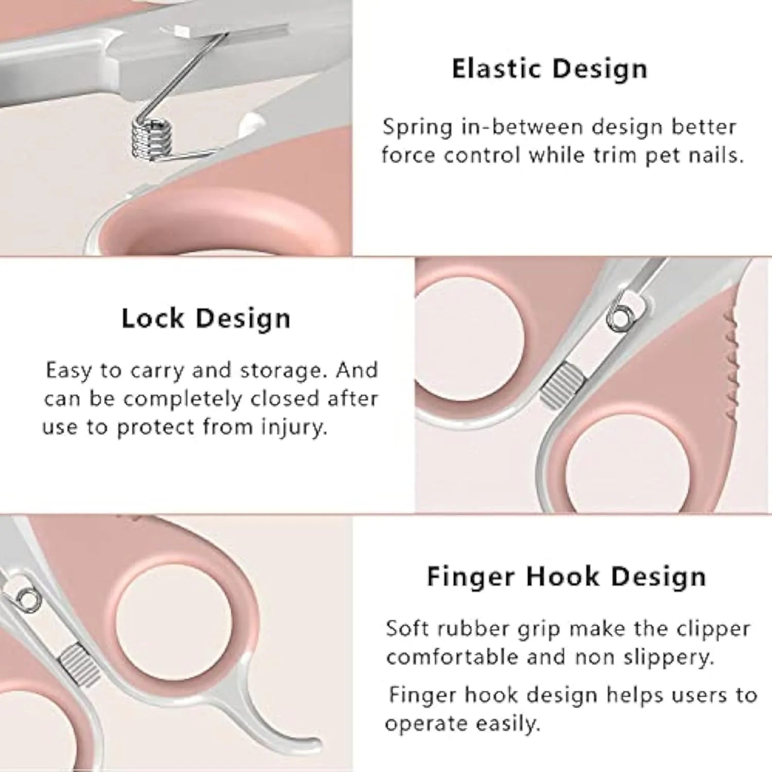 Grey and pink cat nail clippers with angled stainless steel blade and safety guard on a non-slip handle.
