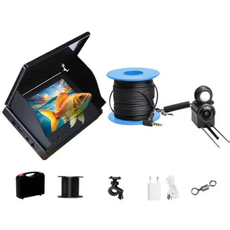 Underwater fish finder camera with 4.3-inch screen, showing a choice of 15, 20 or 30 metre cable options.