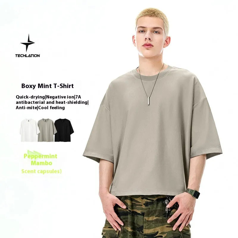 Men's loose fit short sleeve t-shirt in sand gray and black cotton blend fabric