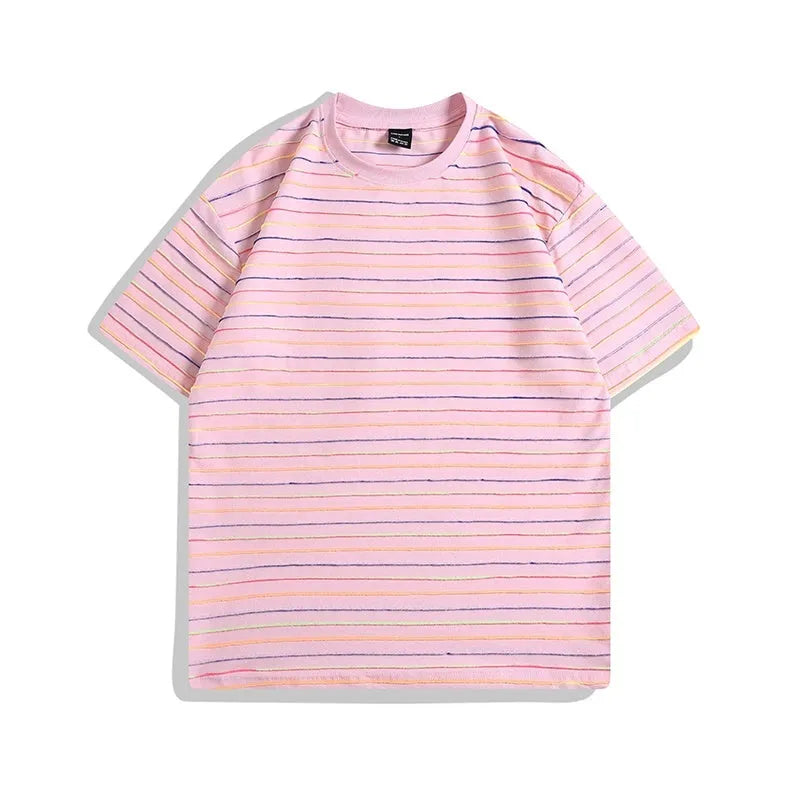 Loose fit striped colour couple's t-shirt with round neck and short sleeves in apricot, black, yellow, grey, pink