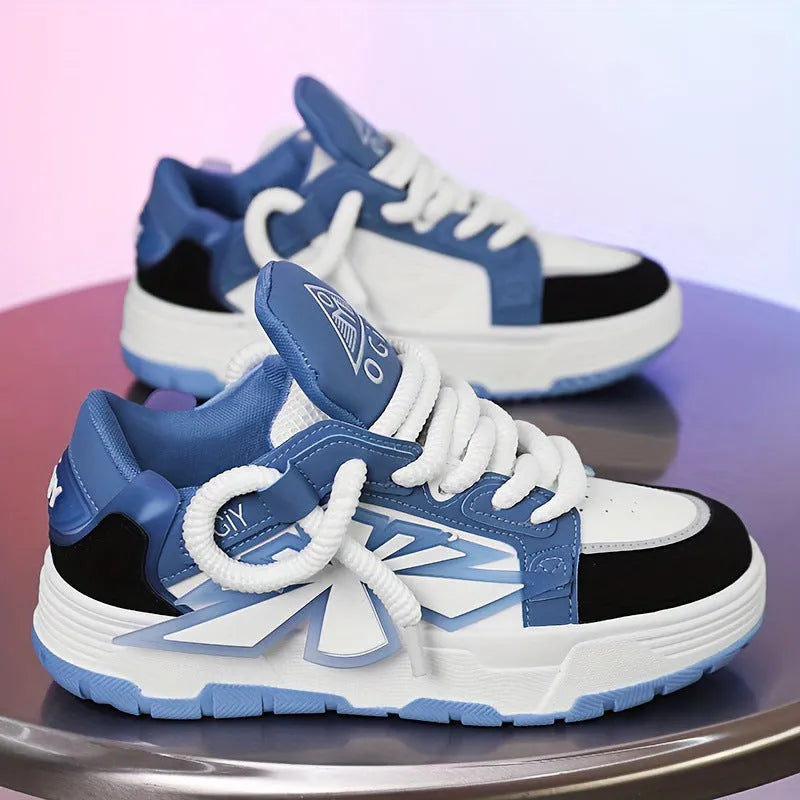 Men's white thick-bottom clunky sneakers with a round toe and lace-up front.