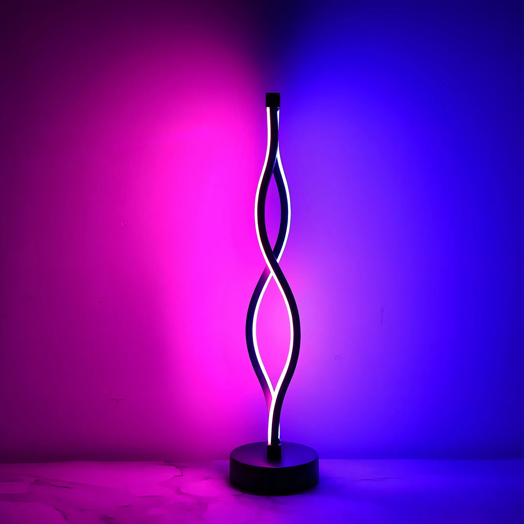 Black aluminium desk lamp with touch dimming buttons in blue and pink, showing three colour temperature modes