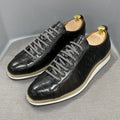 Men's low tube handmade shoes with embossed pattern and front tie closure in black green white and grey