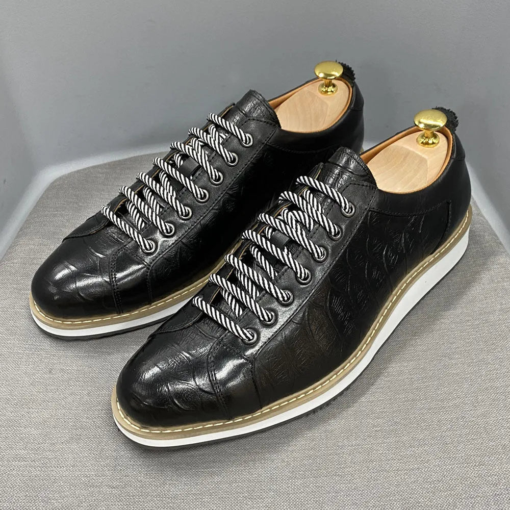 Men's low tube handmade shoes with embossed pattern and front tie closure in black green white and grey