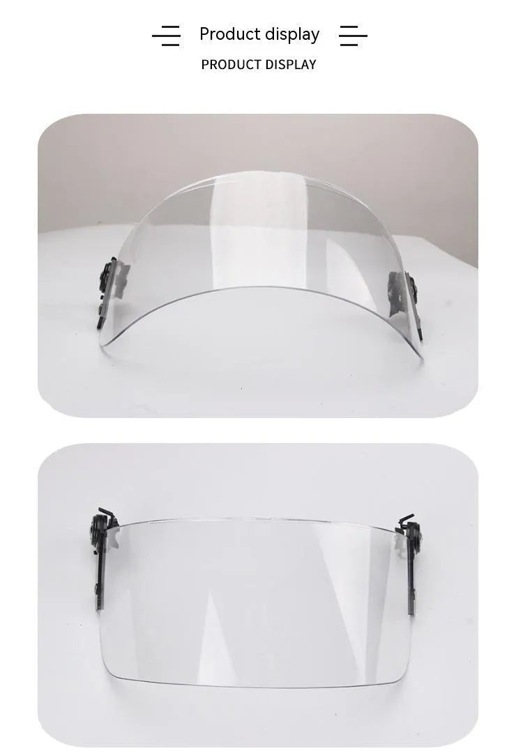 Transparent polycarbonate guide rail helmet mask with windproof lens measuring 30cm by 15cm