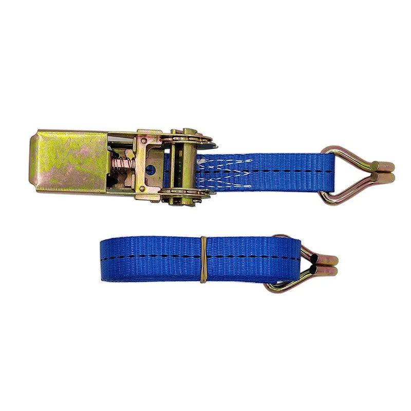 Steel ratchet tensioner hand tool with double triangle hooks and a grey polyester strap for cargo binding.