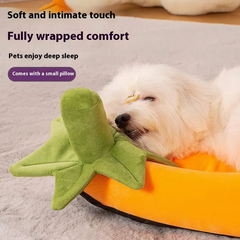 Removable washable cloth dog bed mat in brown, shown next to size labels S, M, L, XL, XXL.