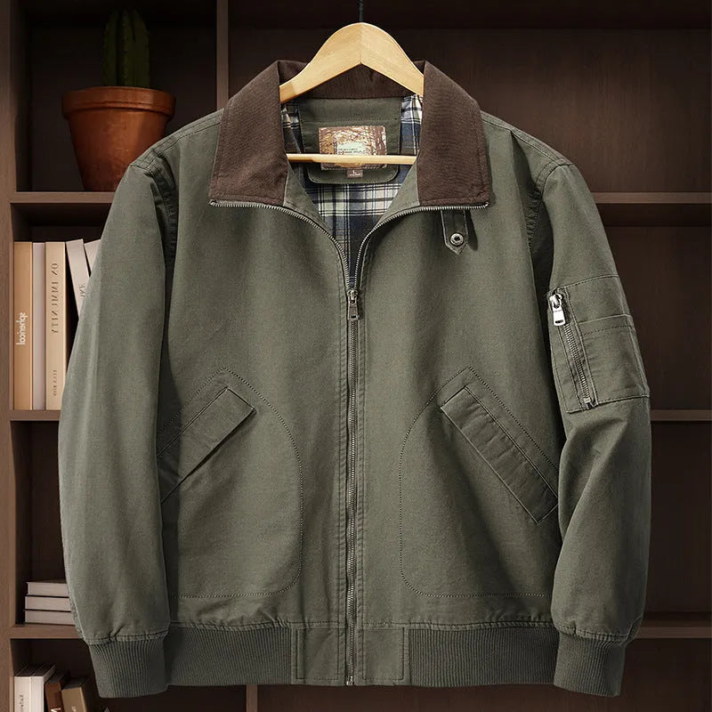 Men's plus size washed cotton baseball flight jacket in camel colour