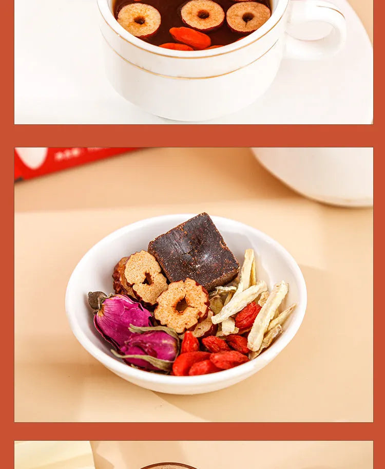 Box of ginger and jujube tea with brown sugar, red dates, wolfberries, and traditional herbs