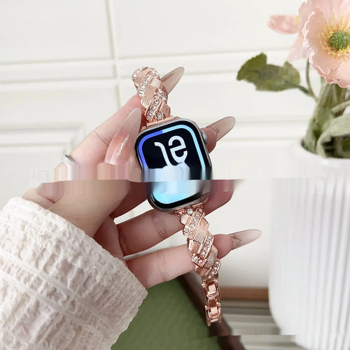 Zinc alloy Apple Watch strap with diamond twist design in silver, rose gold, gold, black, and Starlight colours.