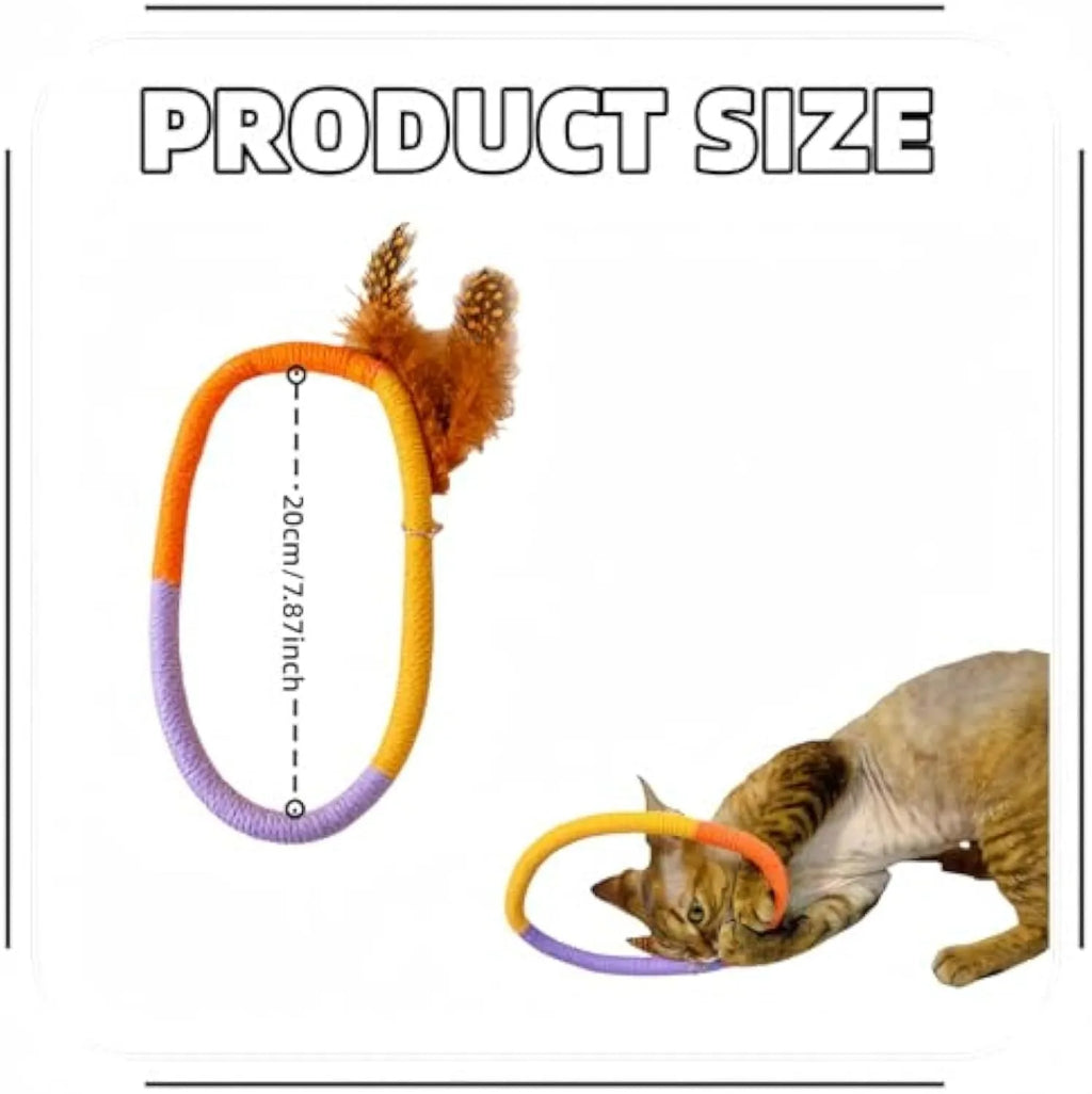 Green circular cotton rope cat toy with feathers and catnip for chewing and kicking play