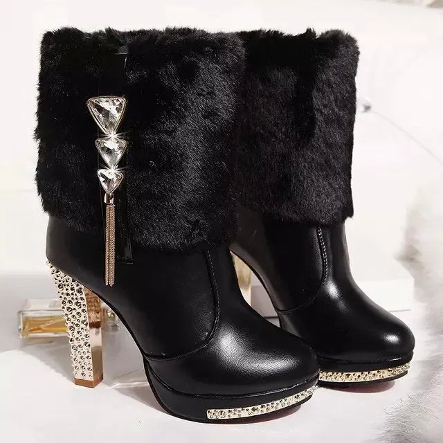 Women's black and white chunky high heel ankle boots with 6-8cm heels