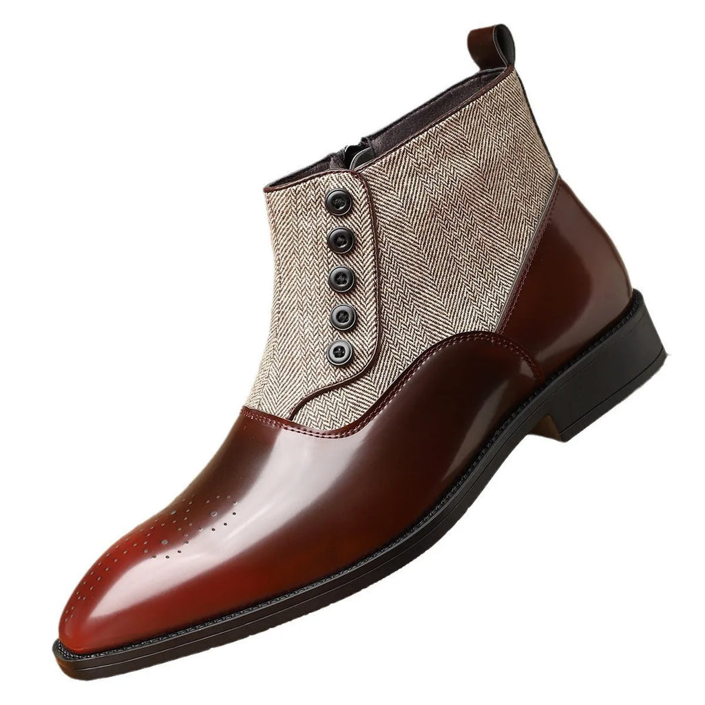 Men's brown retro formal shoes with side zipper closure and square toe