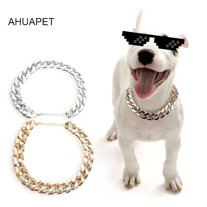 Geometric twisted chain dog collar in gold colour with plastic/resin construction for small-medium pets