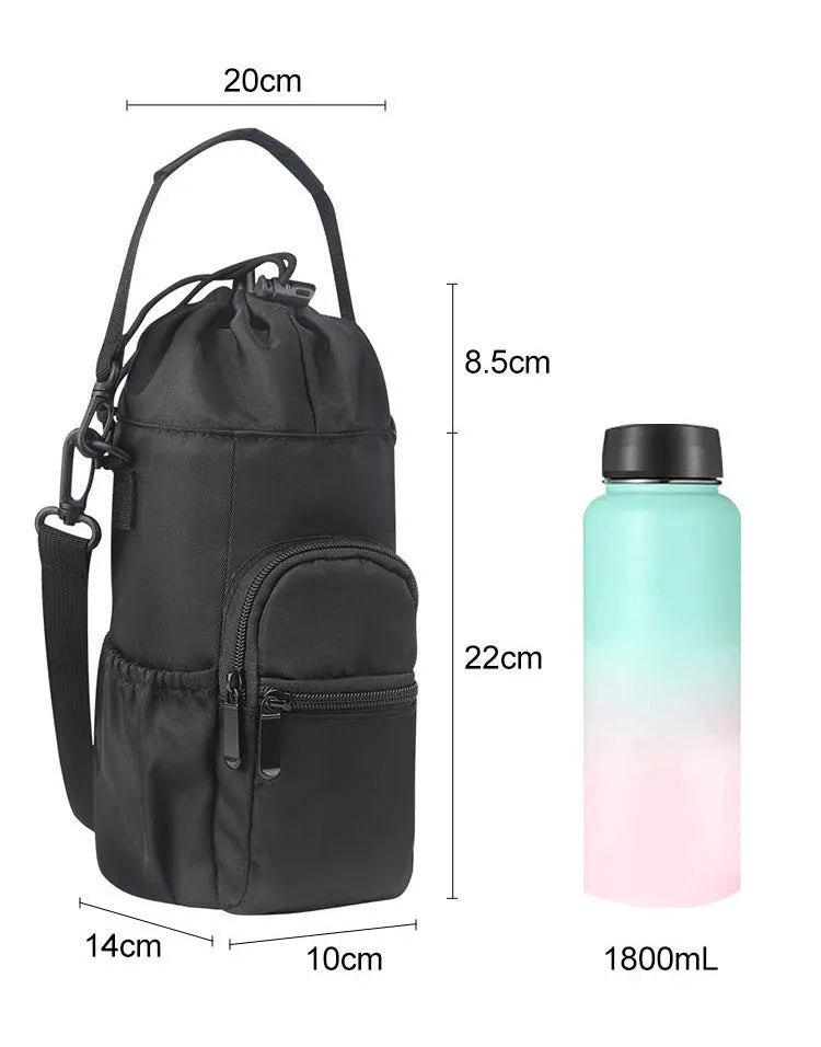 Black cloth water bottle pouch with crossbody strap and side handle on a model.