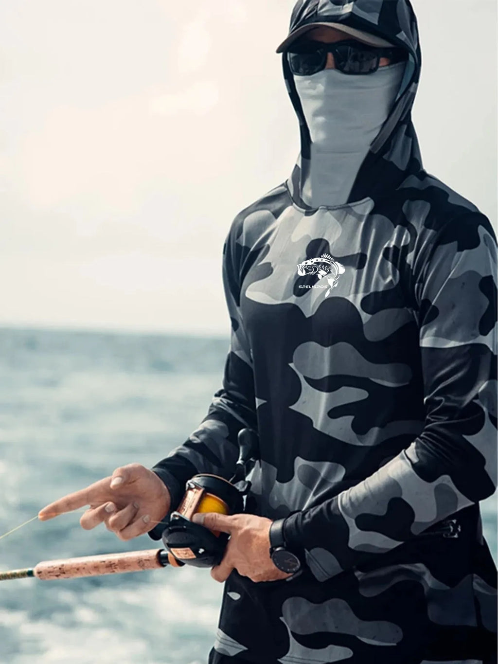 Men's grey long sleeve fishing shirt with mesh side panels and a crew neck.
