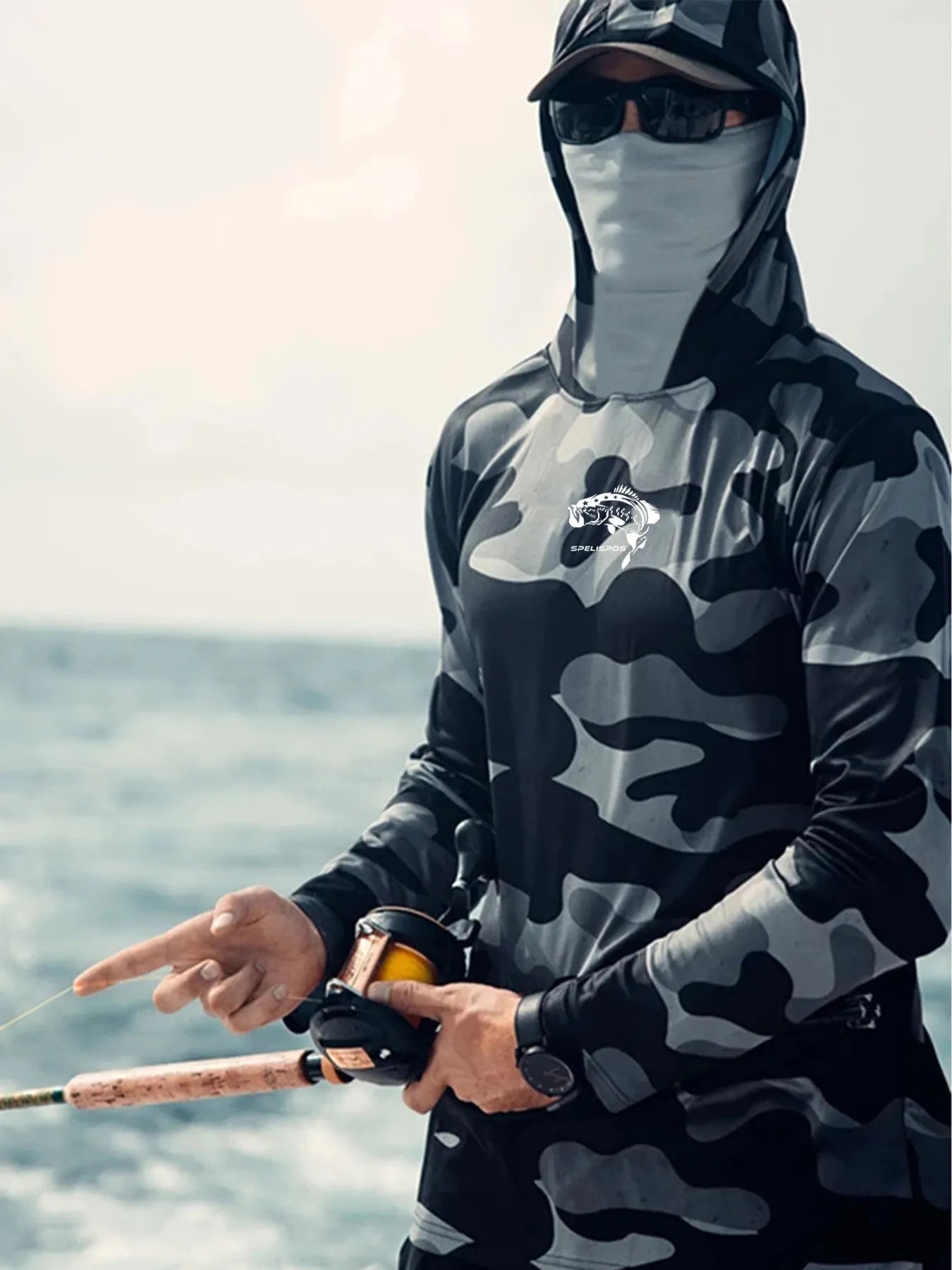 Men's grey long sleeve fishing shirt with mesh side panels and a crew neck.