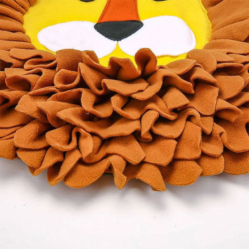 Brown lion-shaped pet sniffing pad with textured surface for treat hiding, 33 cm long