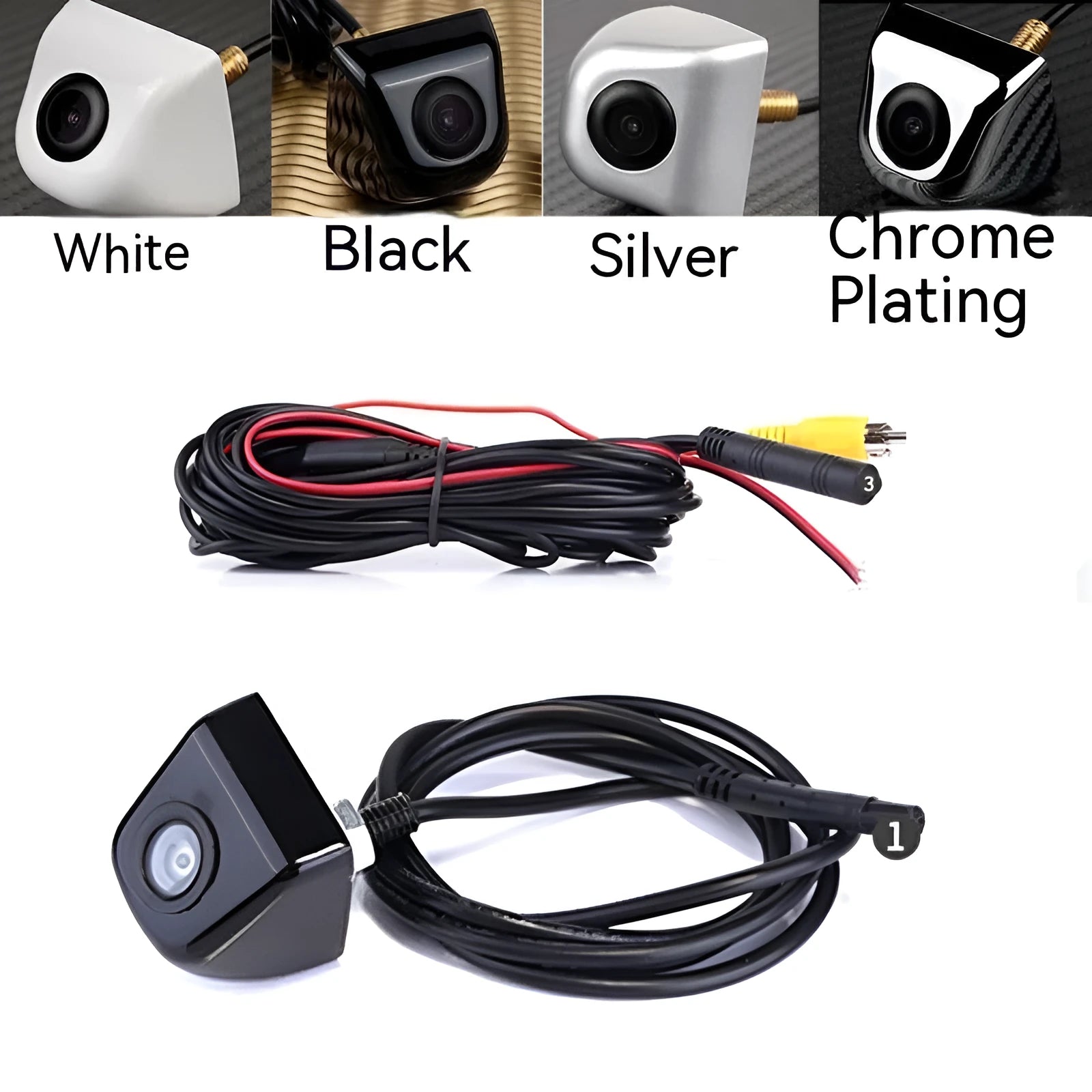 Black metal-shell car rearview camera with cable for reversing.