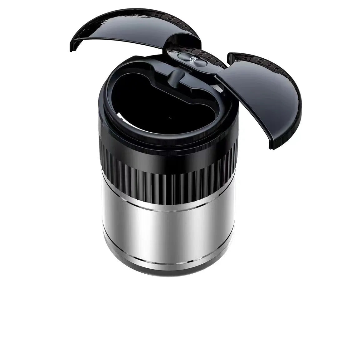 Metal smart car ashtray with automatic lid in black, showing compact 113mm x 72mm size.