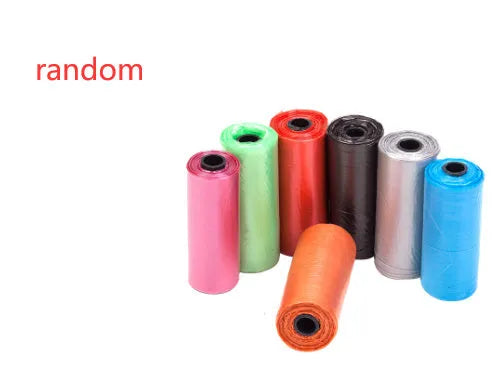 Pack of dog poop bags in six colours black blue green pink purple red sized 22.5x30cm for pet waste