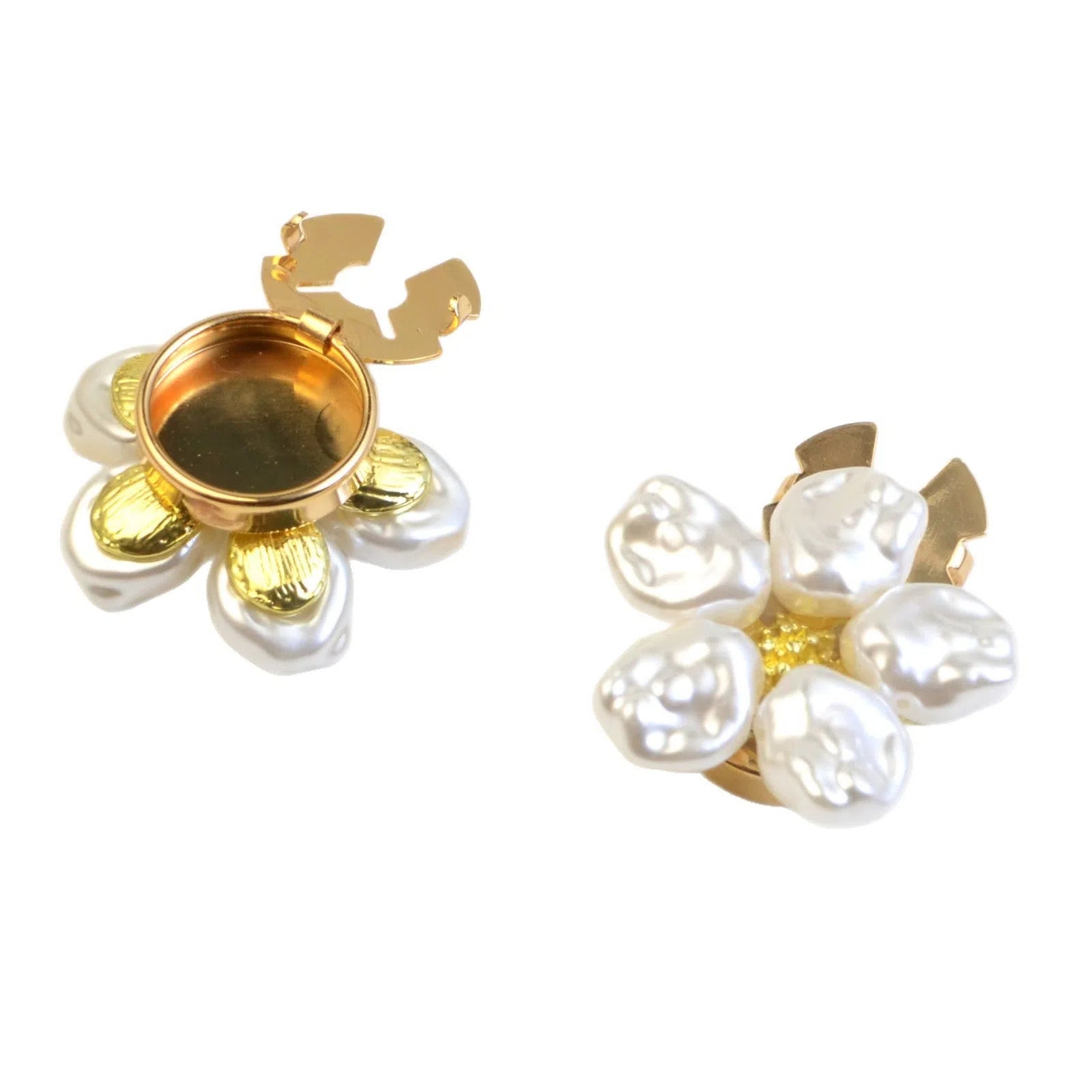 White alloy pearl rhinestone cufflink with electroplated finish and inlaid diamond setting on solid background