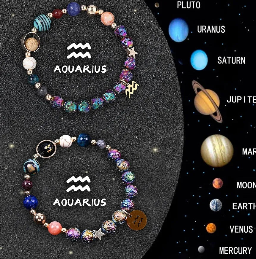 Two natural stone beaded bracelets laid out, each featuring designs for different zodiac signs.