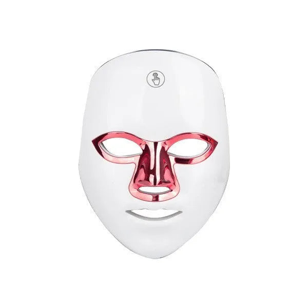 Rechargeable manual touch LED beauty mask in white golden edge colour with adjustable strap.