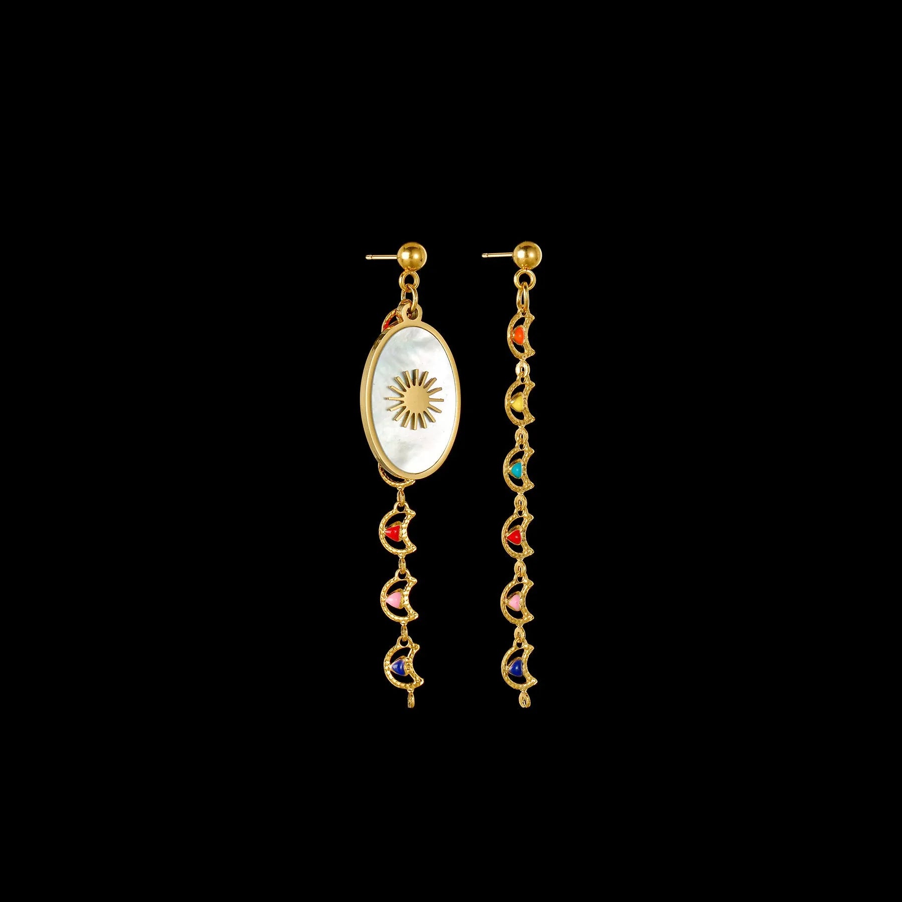 Geometric stainless steel drop earrings showing star, eye and shell sun designs for pierced ears