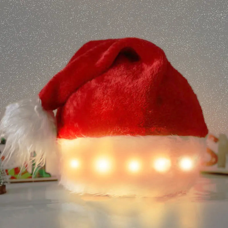 Red and white plush Santa hat with illuminated multi-coloured LED lights and a white pom-pom.