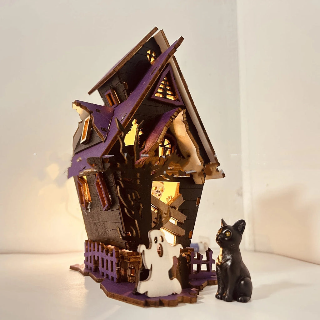 Wooden Halloween haunted house decoration with luminous paint finish, measuring 14x10.5x19cm