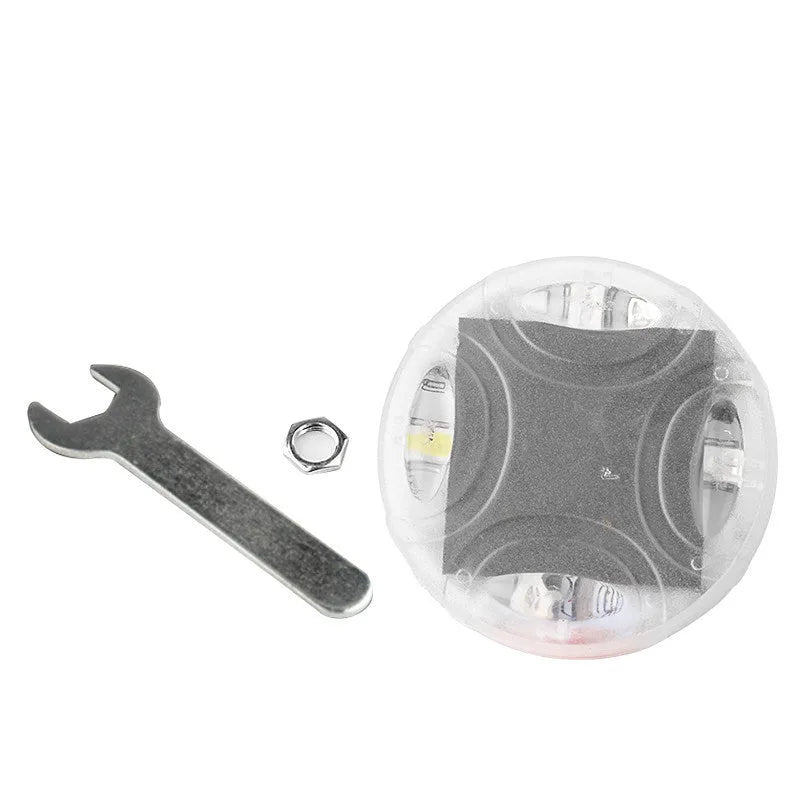 Colourful solar-powered LED valve light for mounting on vehicle wheel hubs.