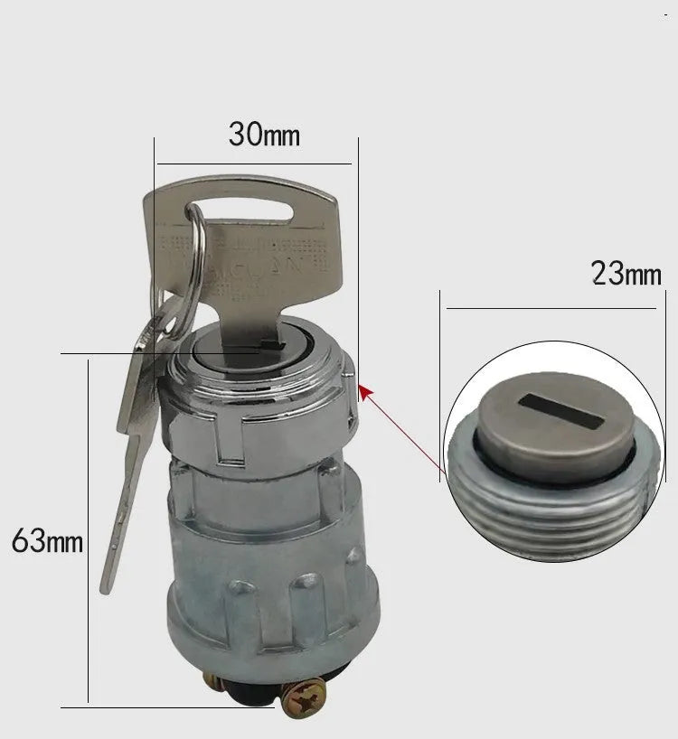 Copper ignition switch and key for trucks and forklifts on a white background.