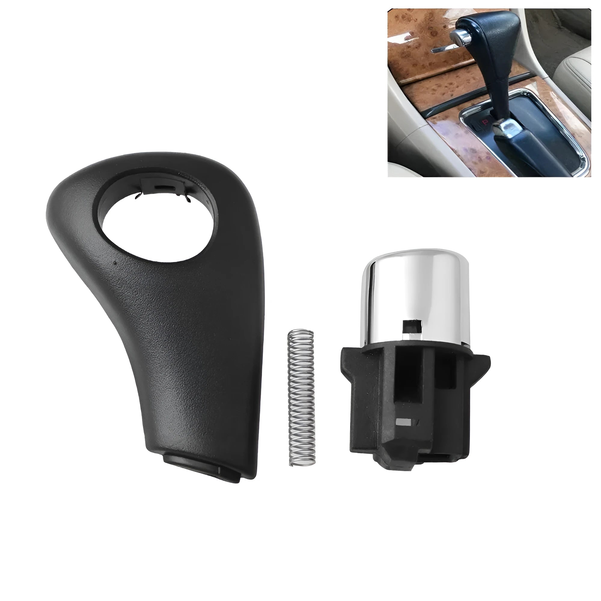 Black plastic shift button replacement kit for Honda Accord, includes button, spring, and side plate on white background.