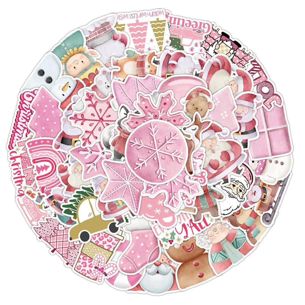 Pack of 50 cute Christmas waterproof vinyl stickers sized 4-8cm for decorating cars, phones, and laptops