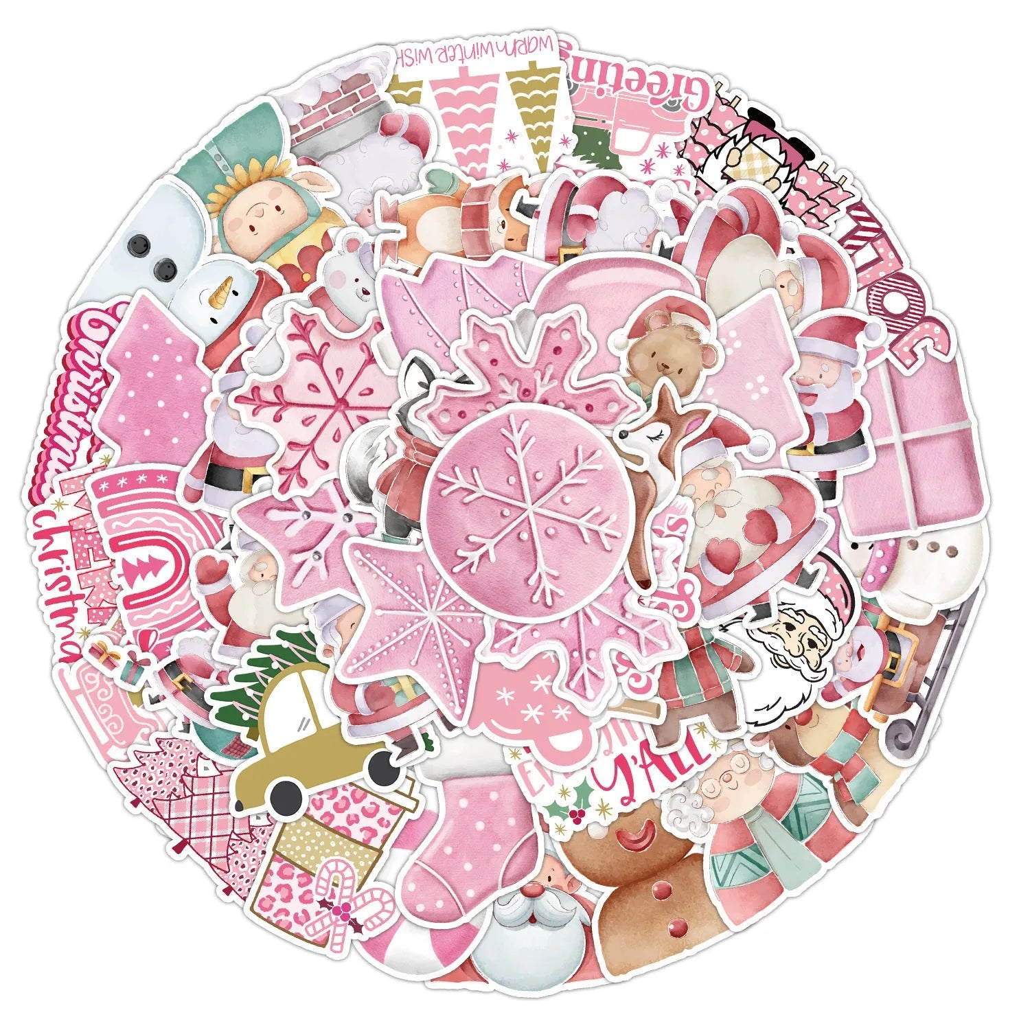 Pack of 50 cute Christmas waterproof vinyl stickers sized 4-8cm for decorating cars, phones, and laptops