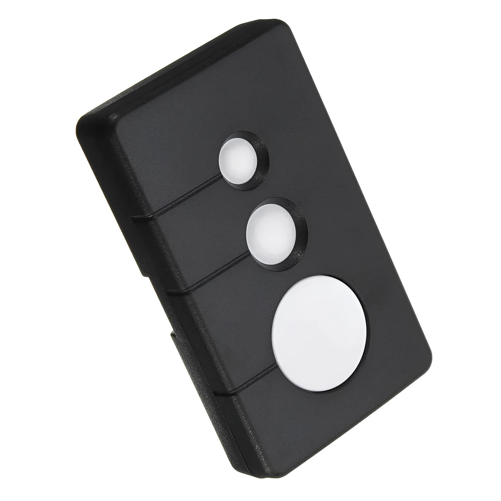 Black plastic three-button garage door remote control for LiftMaster openers.