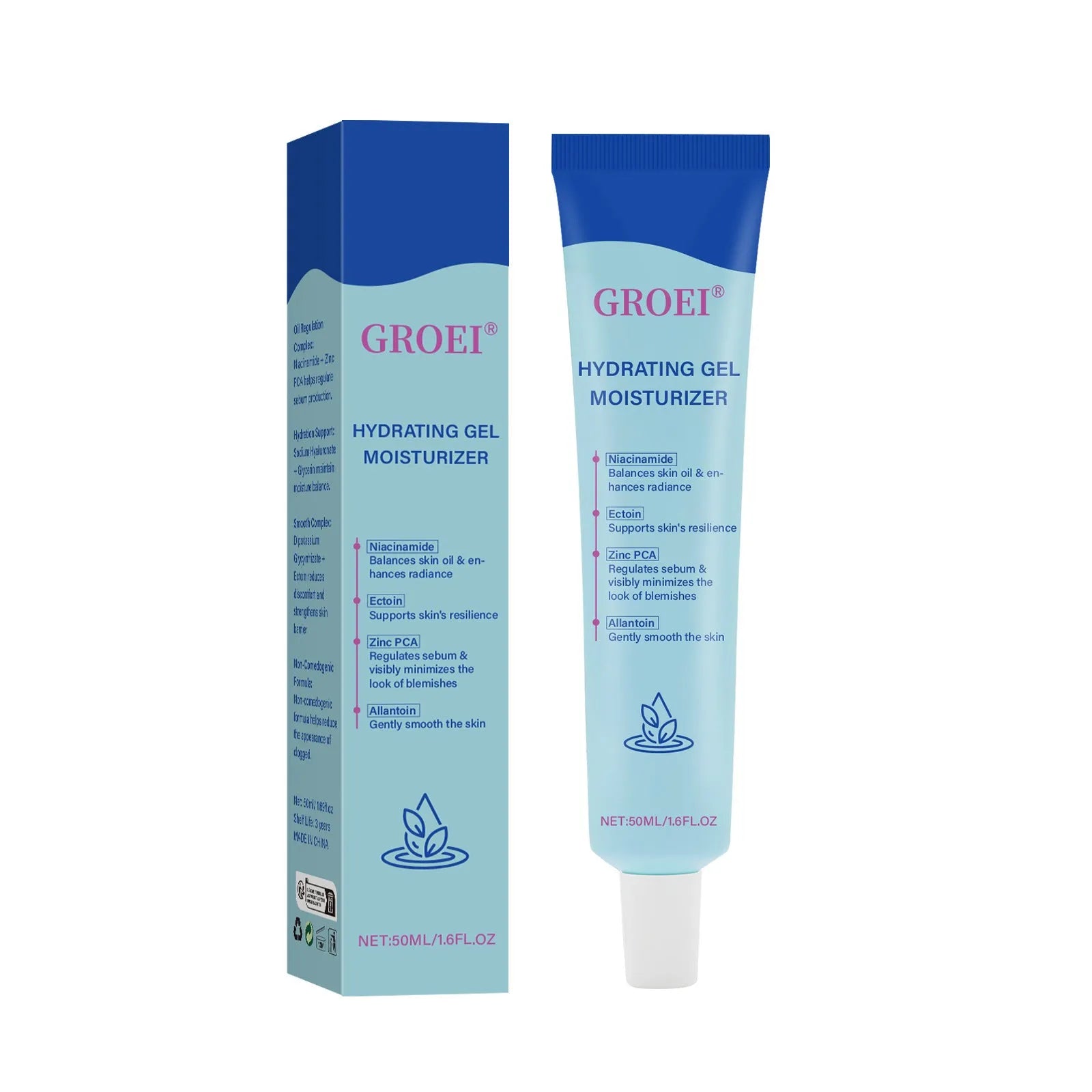 50ml moisturising facial gel with hyaluronic acid in white pump bottle
