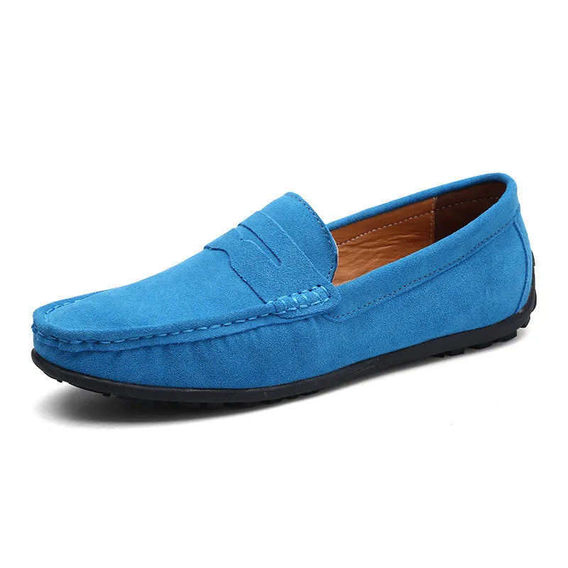 Men's brown suede leather casual shoes with round toe and flat rubber sole on a white background